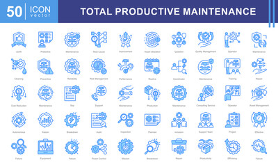 Total productive maintenance icon collection set. Containing equipment, break, reliability, time, inspection, efficiency, preventive icon.