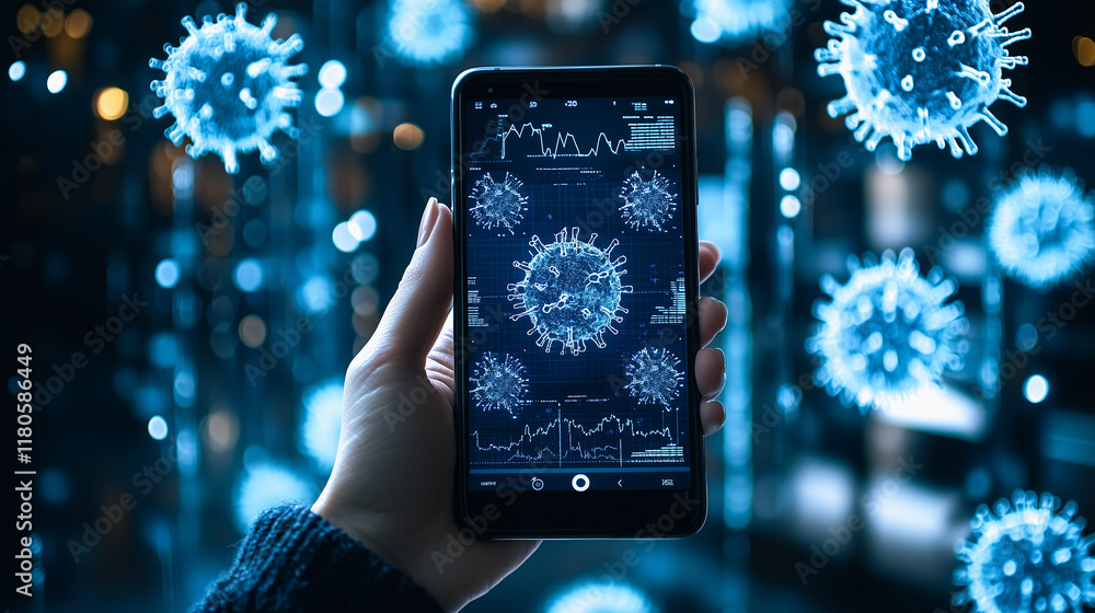 Poster pandemic data analysis: a hand holds a smartphone displaying virus data and graphs, surrounded by 3d