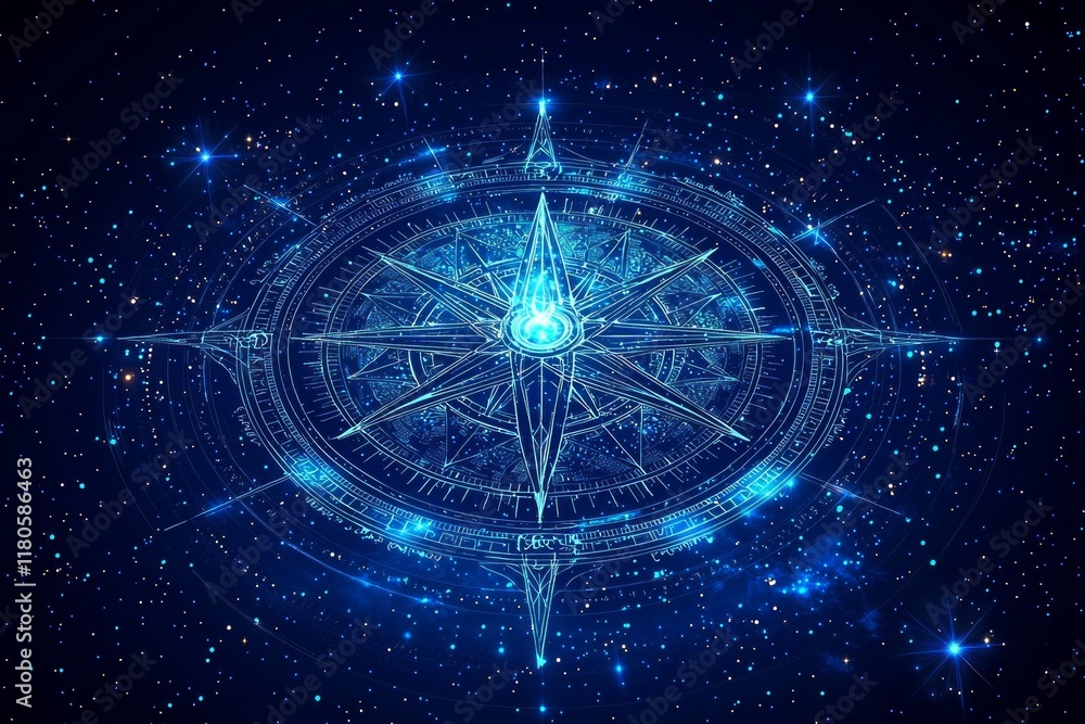 Poster celestial compass glows brightly in night sky as it points divine purpose. intricate star patterns s