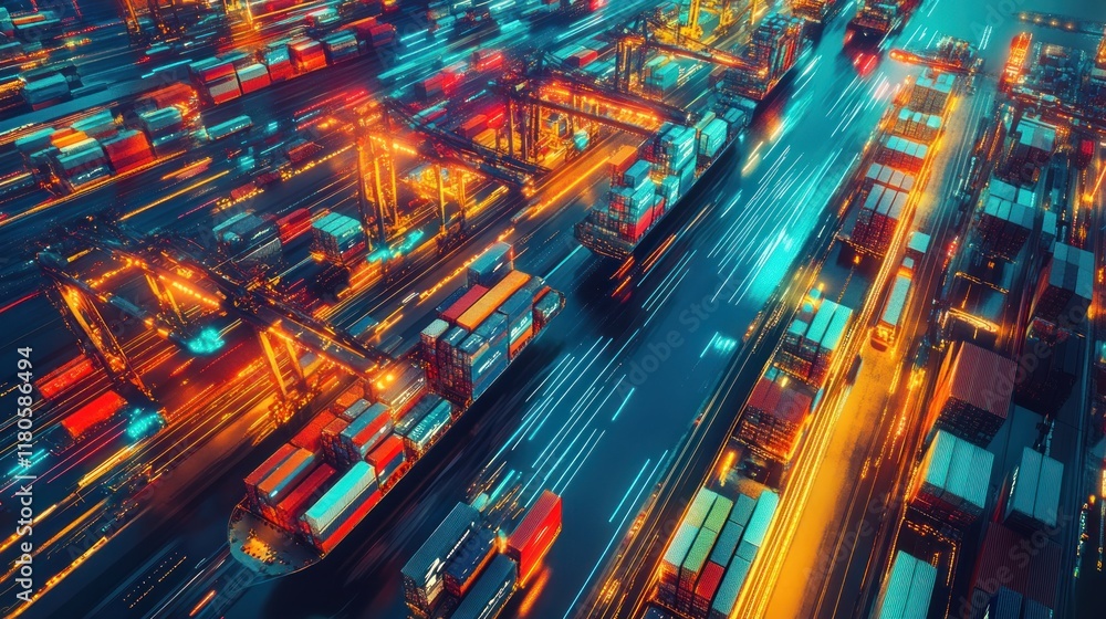 Poster aerial view of a busy container port at night.