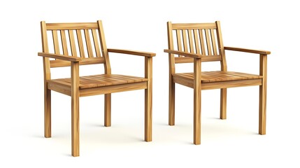 Two wooden chairs are sitting on a white background