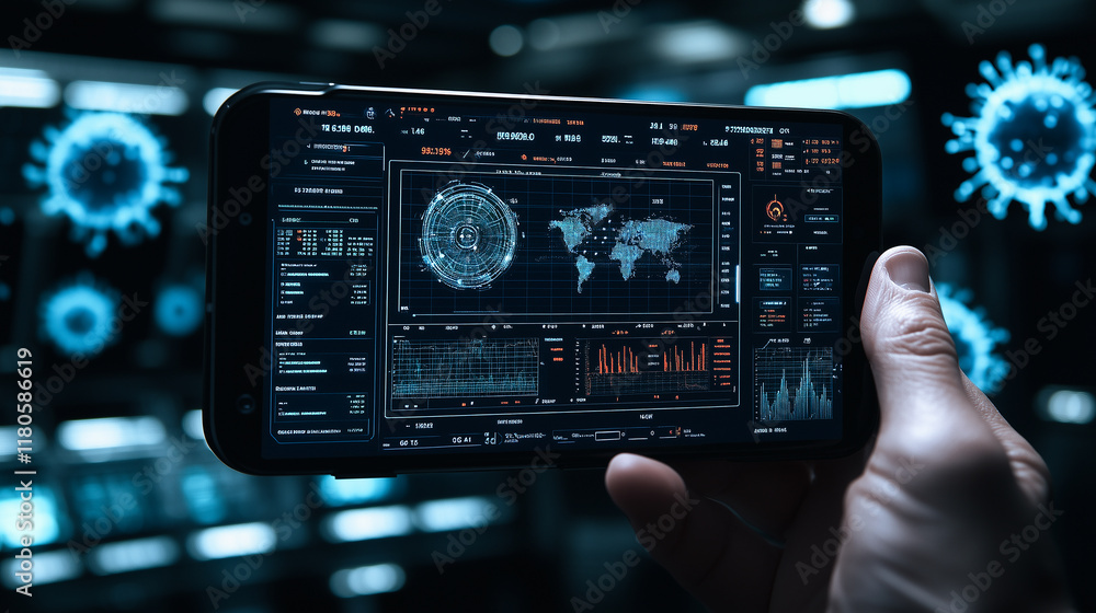 Poster global pandemic data analysis: a hand holds a smartphone displaying a futuristic interface with a ma