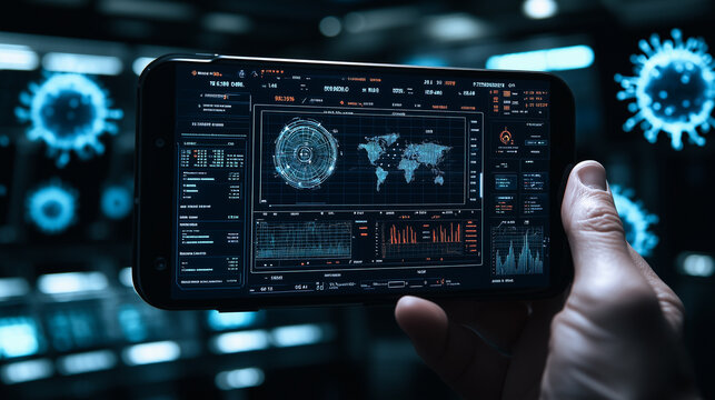 Global Pandemic Data Analysis: A hand holds a smartphone displaying a futuristic interface with a map of the world, highlighting the spread of a virus.