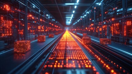 Fototapeta premium Futuristic warehouse with glowing data cubes on conveyor belts.