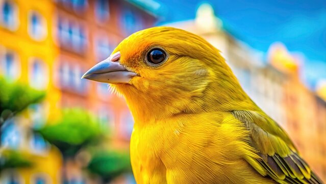 Close-Up Portrait of a Small Cuban Finch with Vibrant Yellow Plumage - Tiaris Canorus in Urban Exploration Photography