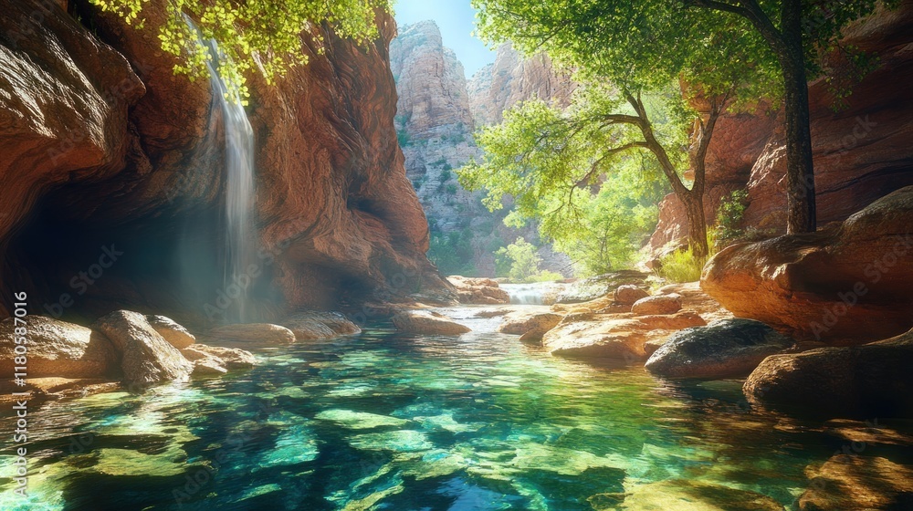 Poster sunlit canyon waterfall cascading into a clear pool.