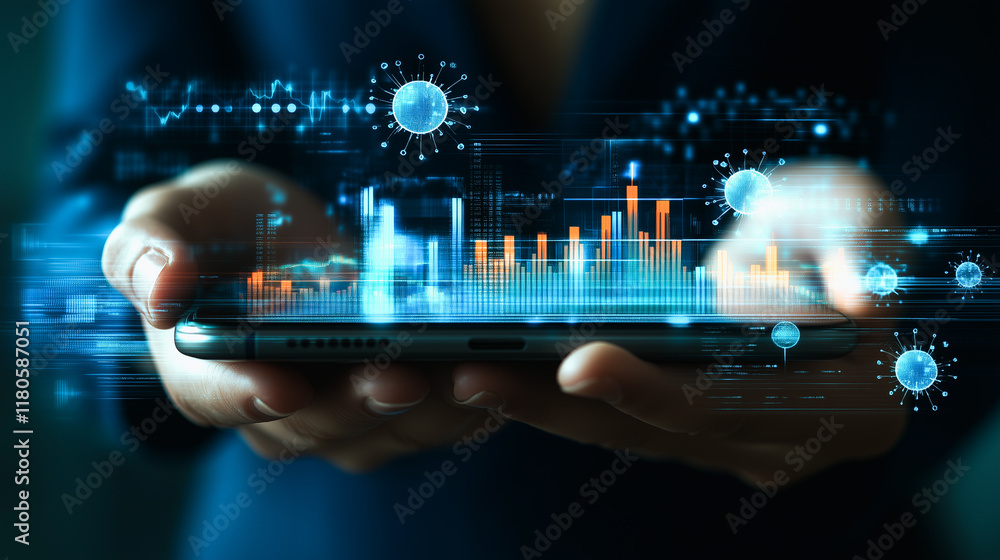 Poster data-driven pandemic response: a woman's hands hold a tablet displaying dynamic graphs and virus mod