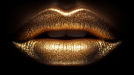 Close-up of shimmering golden lips against a dark background.