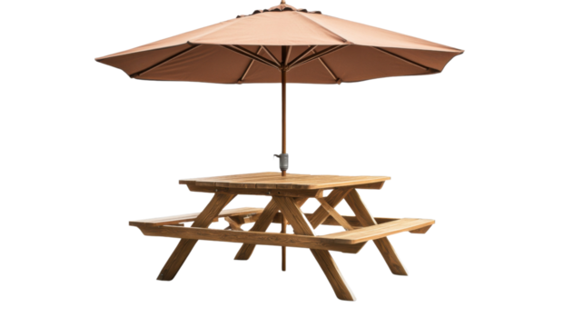 Wooden table with umbrella transparent background