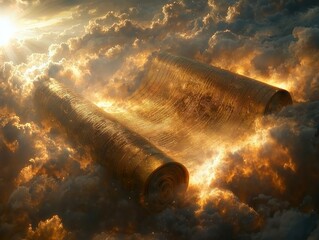 divine scroll floats in heavens glowing golden light. Intricate symbols and patterns surround it accompanied soft clouds and radiant rays embodying God's plan for creation.