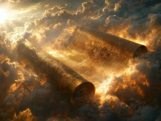 Poster divine scroll floats in heavens glowing golden light. Intricate symbols and patterns surround it accompanied soft clouds and radiant rays embodying God's plan for creation.