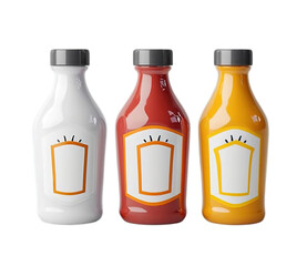 lank mockup of three white ketchup bottles, a yellow mustard bottle, and a red tomato sauce bottle