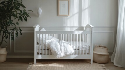 White Crib with Bedding and Basket in a Nursery