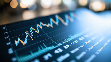 Financial Dashboard: A close-up shot of a tablet screen showcasing a dynamic stock market graph, with a blurred background of city lights, highlighting the fast-paced world of finance and investment.