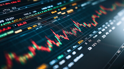 Stock Market Data: Close-up view of a dynamic stock market chart displaying fluctuating data points, highlighting the volatile nature of investments and the constant ebb and flow of market trends.