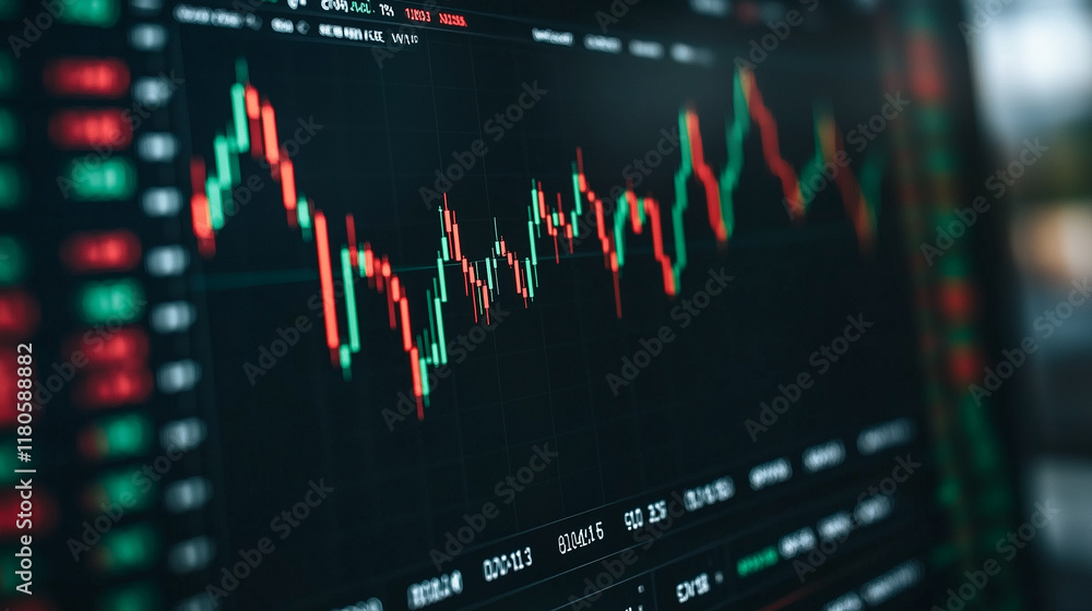 Aufkleber stock market volatility: a close-up shot of a computer screen displaying a stock market chart with r