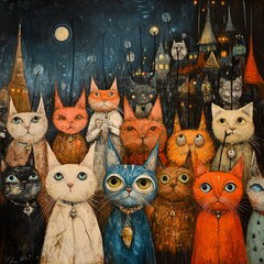 A whimsical night scene of cats in a magical city