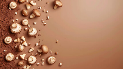 Frame of fresh white mushrooms on a beige brown background