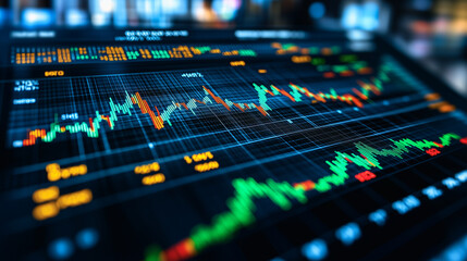 Fototapeta premium Stock Market Data Analytics: A close-up shot reveals a dynamic stock market chart displayed on a digital screen.