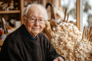 skilled grandparent carves wooden toys in workshop filled tools and wood shavings illuminated warm afternoon light streaming through window.