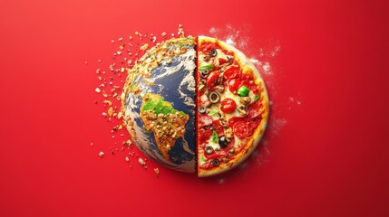 52.A creative illustration featuring a globe turning into a pizza on a bright red background. One side is detailed with continents and oceans, while the other side transforms into a cheesy pizza with