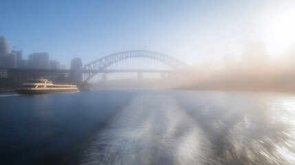 Fototapeta premium Foggy Sydney Harbour sunrise, boat, bridge