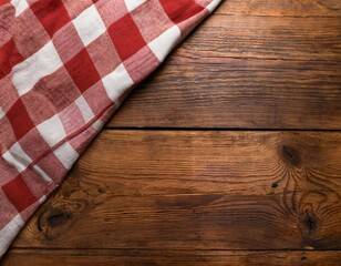 an aerial view of a wooden table topped with a checkered tablecloth serves as a kitchen background ideal for a copy space image