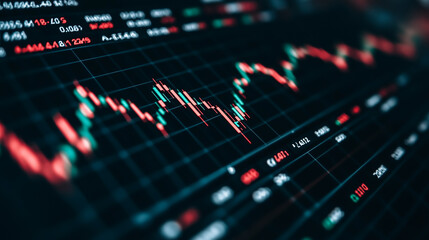 Obraz premium Financial Market Fluctuations: A close-up shot of a computer screen displaying fluctuating stock market data, highlighting the dynamic nature of the financial world. 