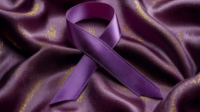 Purple Ribbon on Luxurious Purple Fabric Background