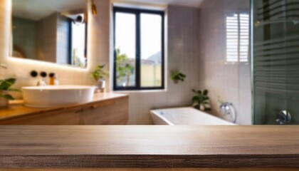 Obraz premium blurry bathroom background with a table top and copy space image