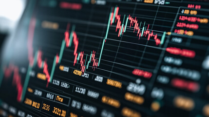 Stock Market Volatility: A close-up shot of a computer screen displaying a dynamic stock market chart with fluctuating red and green lines, symbolizing the unpredictable nature of investments.
