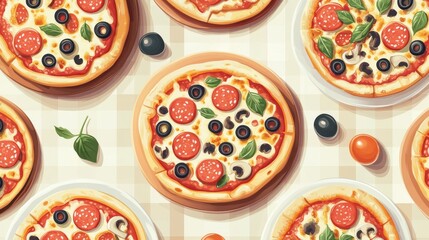 8.A detailed vector illustration for National Pizza Day, featuring a top-down view of various round pizzas, each with different toppings like pepperoni, mushrooms, olives, and fresh basil. The poster
