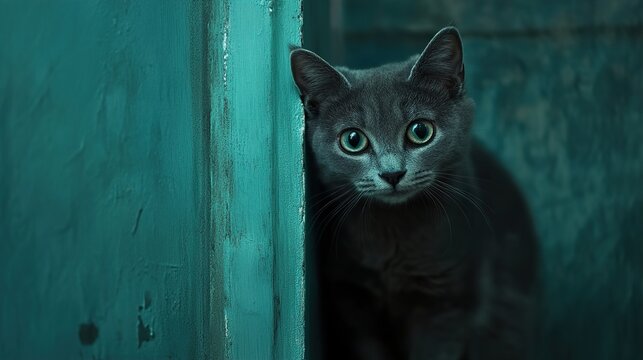 Gray Cat Peeking from Behind a Teal Door
