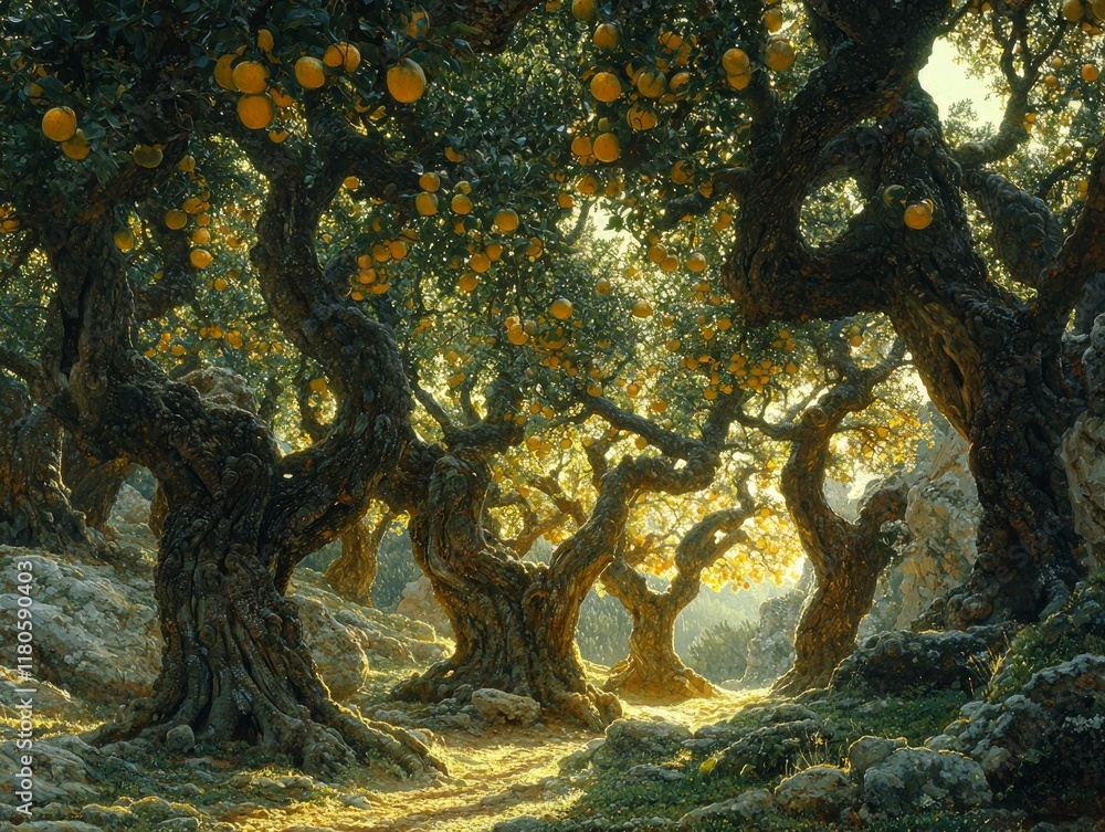 Poster in mystical grove trees twist into impossible shapes luminous fruit hanging from their branches cast