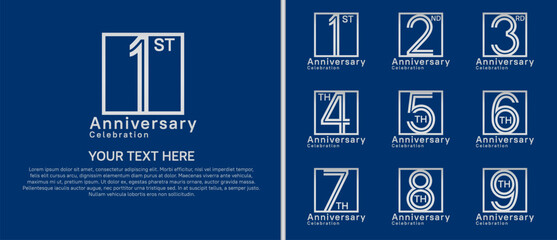 logo anniversary set. silver color with square on blue background for special event