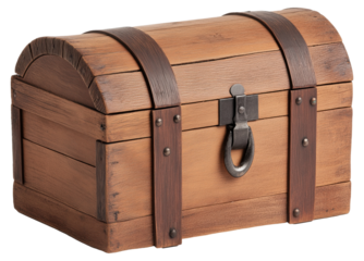 Antique wooden treasure chest with metal accents isolated on transparent background.