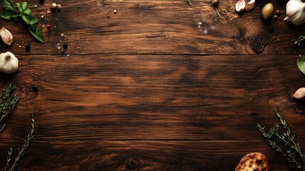 88.An elegant dark wood-themed background, perfect for National Pizza Day banners or social media posts. The rich wooden texture is complemented by scattered pizza ingredients like garlic cloves,