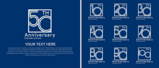 logo anniversary set. silver color with square on blue background for special event