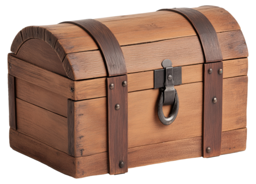 Antique wooden treasure chest with metal accents isolated on transparent background.
