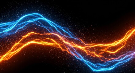 Fototapeta premium Abstract Energy Flow: A mesmerizing abstract flow of vibrant blue and orange energy streaks across a black background, symbolizing power, duality, and dynamism. 