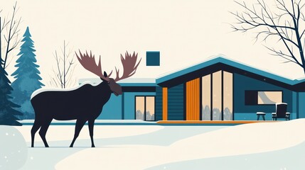 Snowy Moose in Front of Modern Home