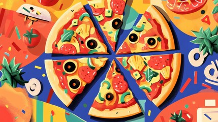 Fototapeta premium 33.A flat vector poster for National Pizza Day, depicting a whole pizza seen from above, each slice uniquely decorated with toppings like sausage, bell peppers, pineapple, and spinach. The design