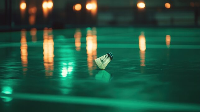 A shuttlecock lies on a reflective court, illuminated by soft ambient lighting.