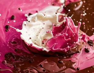 Chocolate and Pink Splash: A vibrant abstract image of chocolate and pink paint splashing and swirling, creating a mesmerizing and dynamic composition. Perfect for food, art, and design projects.  