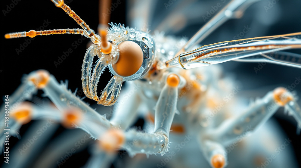Poster close-up of a translucent insect, covered in water droplets. intricate details of its body are visib