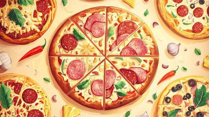 10.A National Pizza Day vector illustration with multiple round pizzas arranged in a circular pattern, each with unique toppings like pineapple, ham, four cheese, and spicy sausage. The top-down view