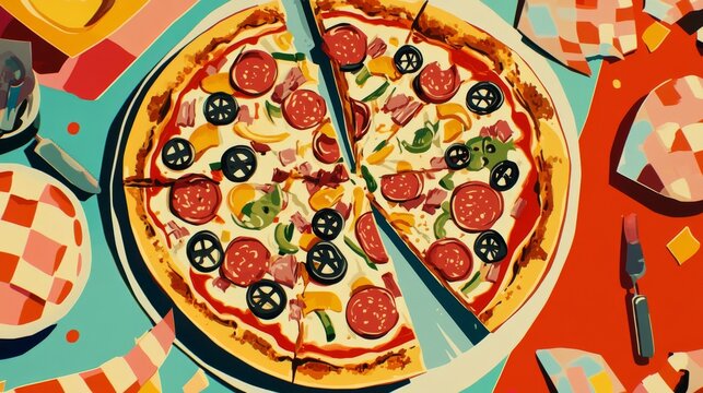 35.A playful vector design celebrating National Pizza Day on February 9, with a top-down view of a pizza divided into diverse slices featuring toppings like bacon, artichokes, jalapenos, and four