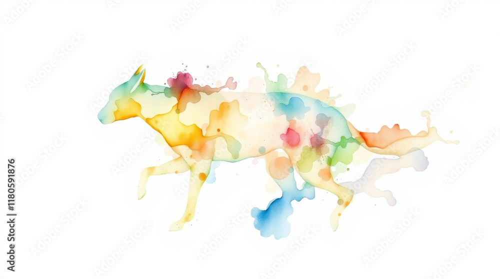 Poster watercolor painting of a running canine, vibrant colors splashing across the canvas, creating a dyna