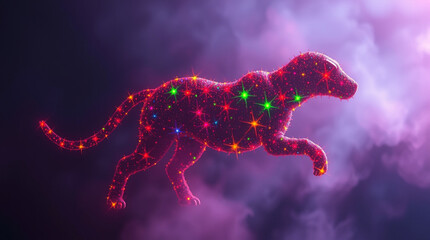 Celestial Cheetah: A vibrant, star-studded cheetah leaps through a mystical purple nebula.  Digital art showcasing cosmic energy and feline grace.