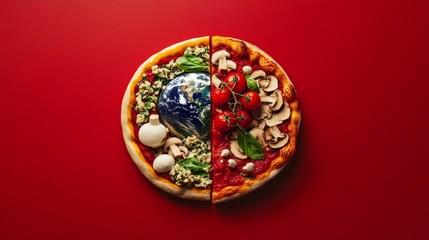 51.A striking design for World Food Day, with a globe merging into a pizza slice, where one half shows Earthâ€™s continents and the other half showcases toppings like mozzarella, tomatoes, and